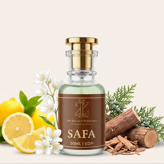 A 50ml glass bottle of SAFA fragrance by ZH Legacy Perfumes, featuring a brown label and gold cap, styled with lemons, white flowers, cinnamon sticks, and pine branches on a light beige background.