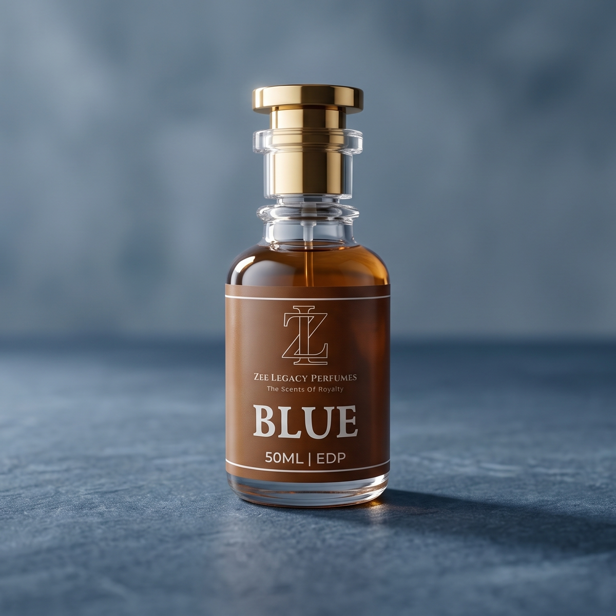 A 50ml glass bottle of 'Blue' EDP by The Library Preserved, featuring a brown label and a gold cap, set against a dark textured gray background.