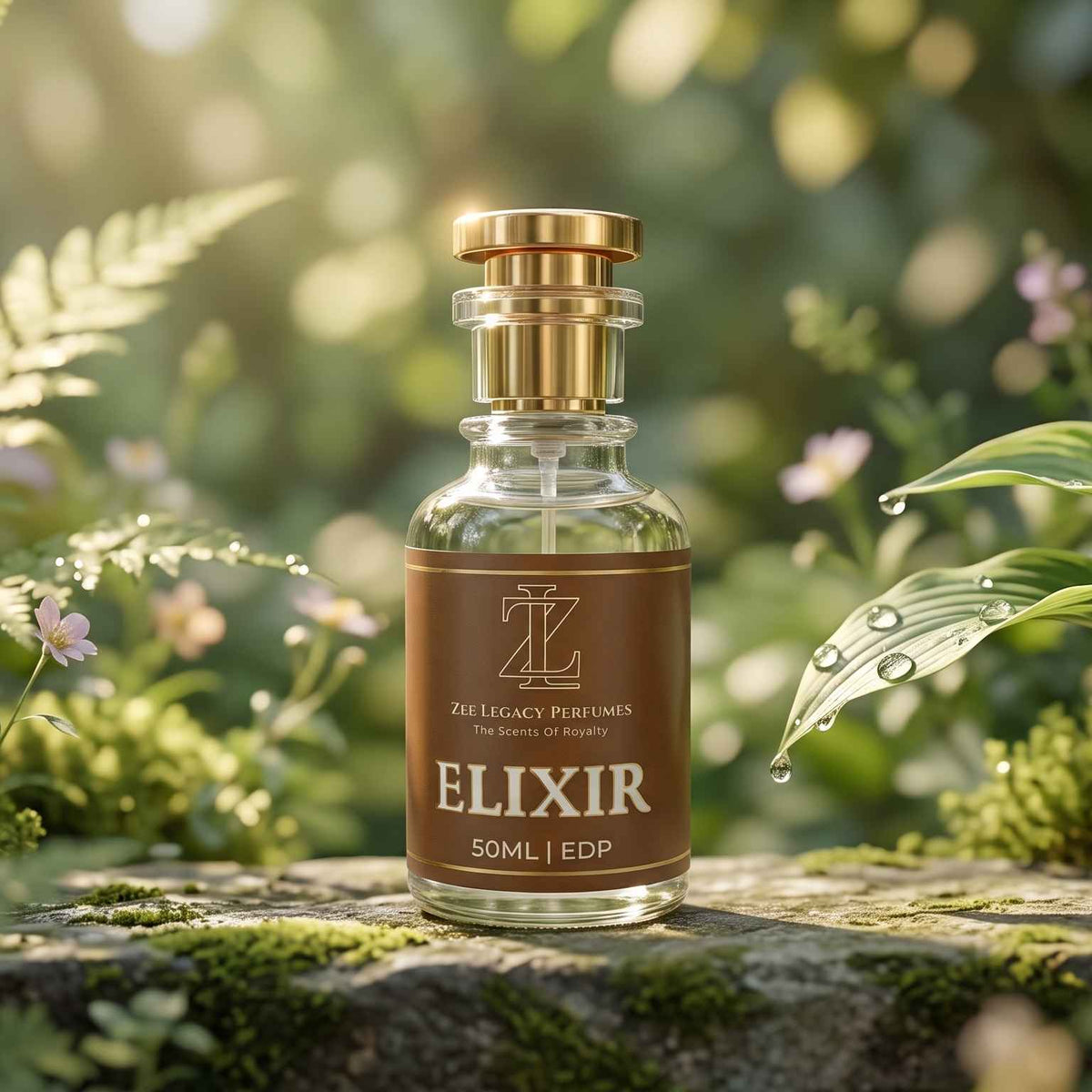 A clear glass perfume bottle labeled 'ELIXIR' by Fragrance Perfume, featuring a gold cap and a brown label, set on a mossy stone surrounded by lush green ferns and plants in a sunlit outdoor garden.