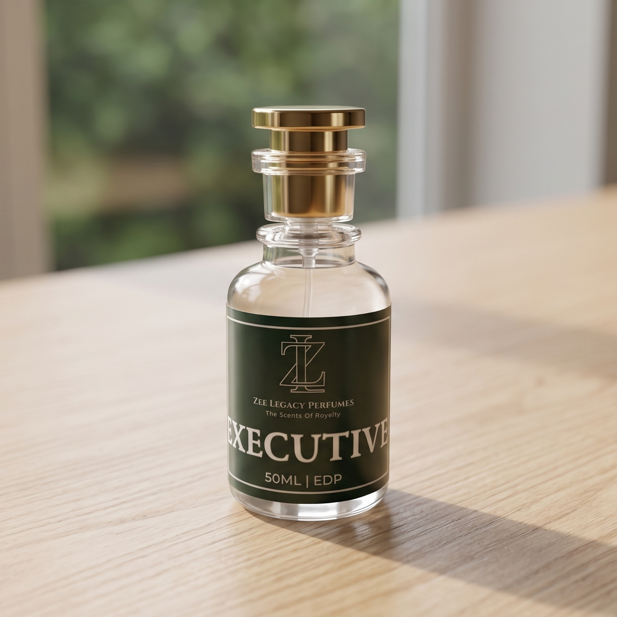 A small clear glass bottle with a gold cap and a dark green label reading EXECUTIVE, placed on a light wood tabletop in front of a softly blurred window.