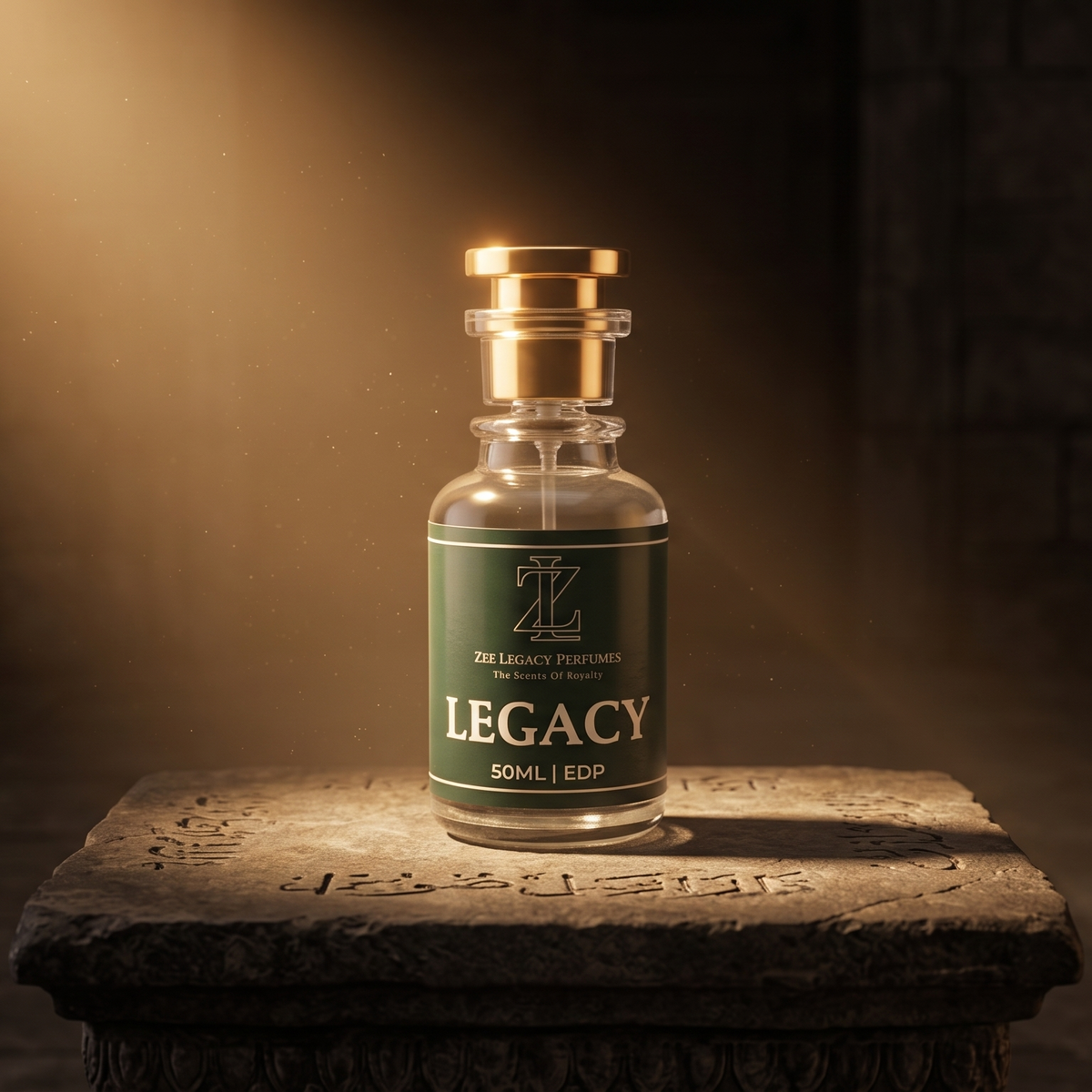A small clear glass bottle with a gold cap and a dark green label reading 'LEGACY' and 'Dr. Legacy Apothecary' stands on a stone pedestal in a dim, atmospheric setting with dramatic light rays.