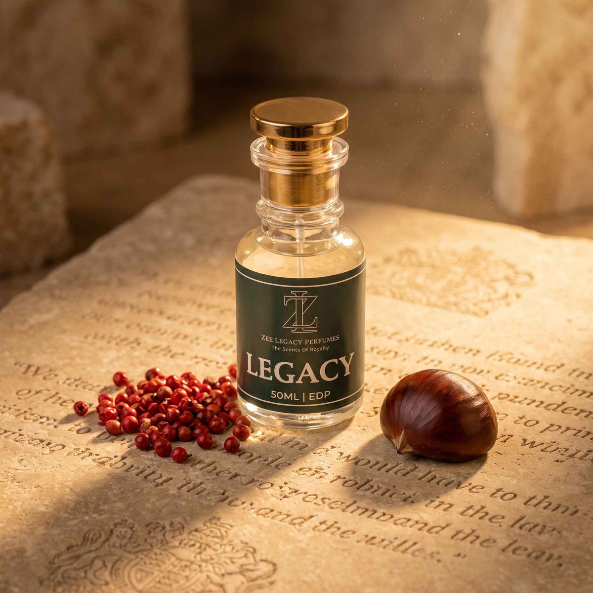 A small clear glass bottle with a gold cap and a dark green label reading 'LEGACY' sits on a stone surface. Red peppercorns and a brown chestnut are placed beside it in a warm, rustic setting.