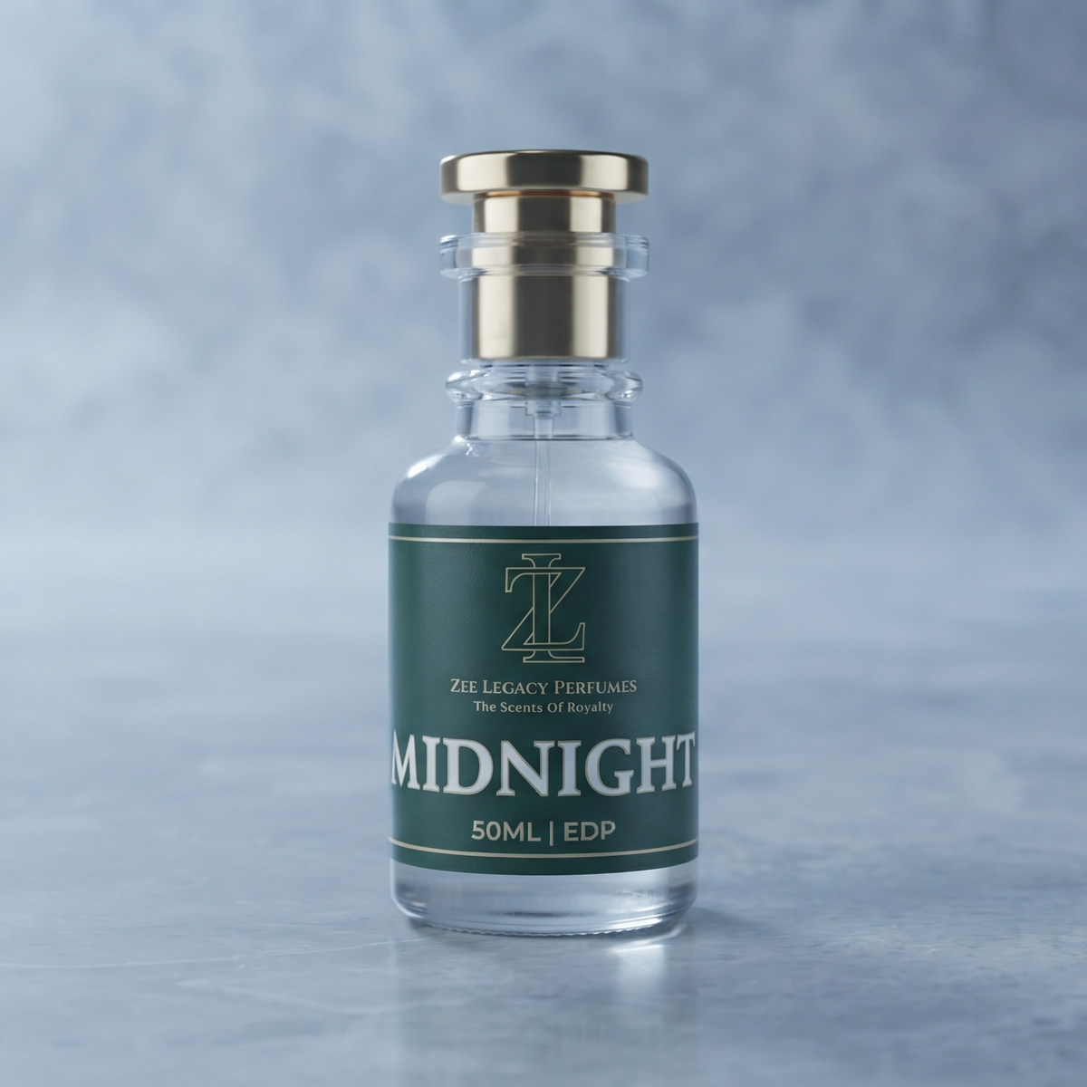 A 50ml glass bottle of Midnight EDP by ZL Legacy Perfumes, featuring a dark green label and a gold cap, set against a textured blue-gray background.