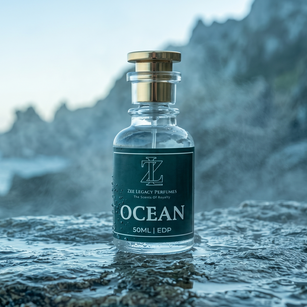 A 50ml glass perfume bottle labeled 'OCEAN' by The Legacy Perfumes stands on a wet rock with a blurred rocky coastline and sea in the background.
