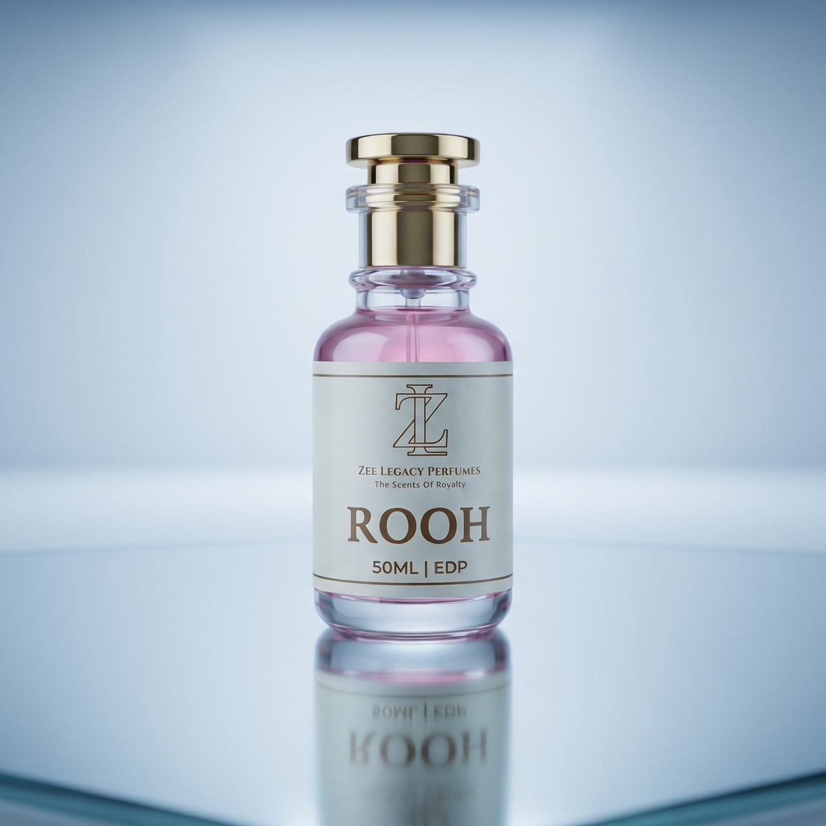 A 50ml glass bottle of ROOH (Rosehip Essential Oil) with a gold cap and a white label, displayed on a reflective glass surface against a soft blue background.