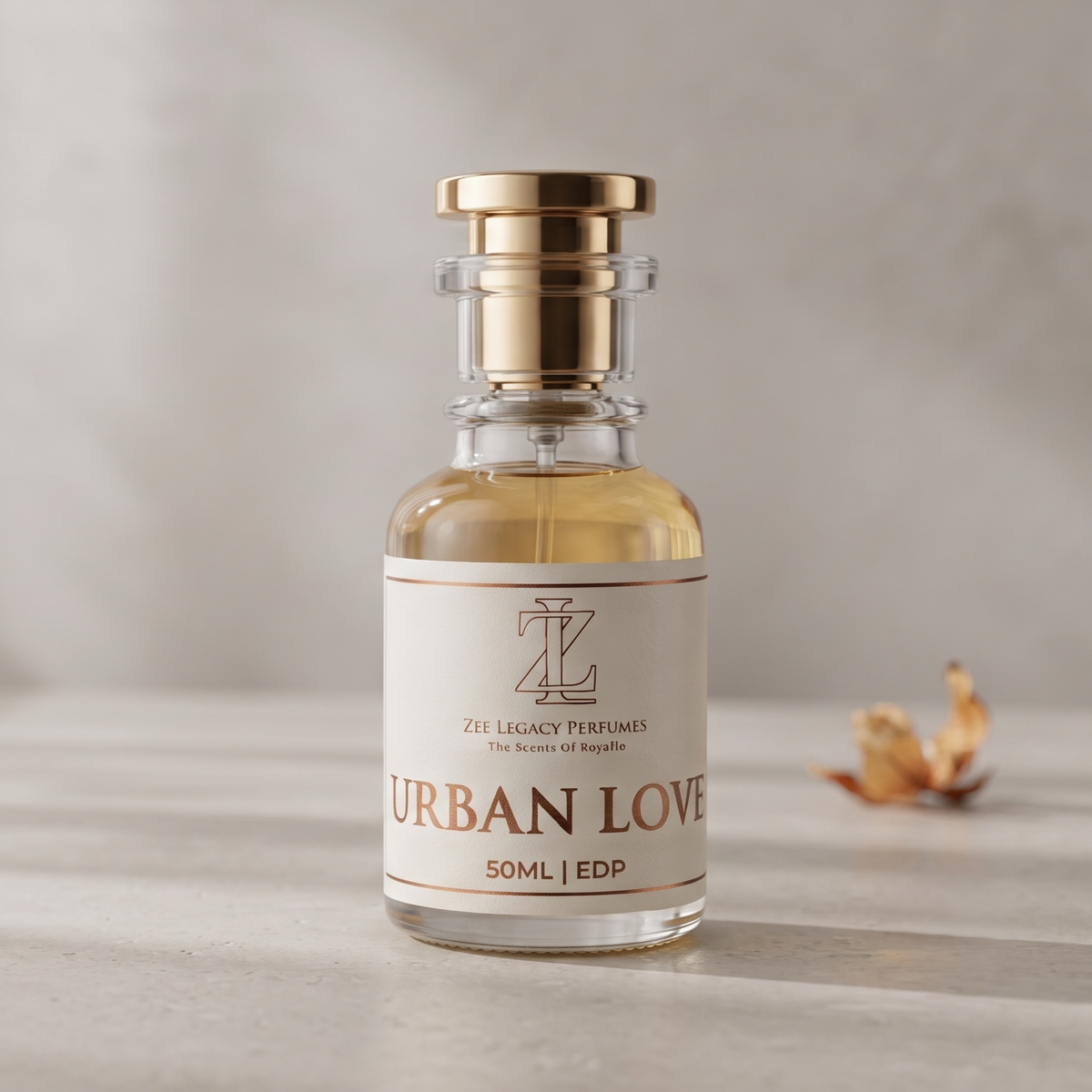 A 50ml bottle of ZY EDDY PERFUMES 'URBAN LOVE' fragrance, featuring a clear glass bottle with a gold cap and cream-colored label, set on a light marble surface with soft shadows.