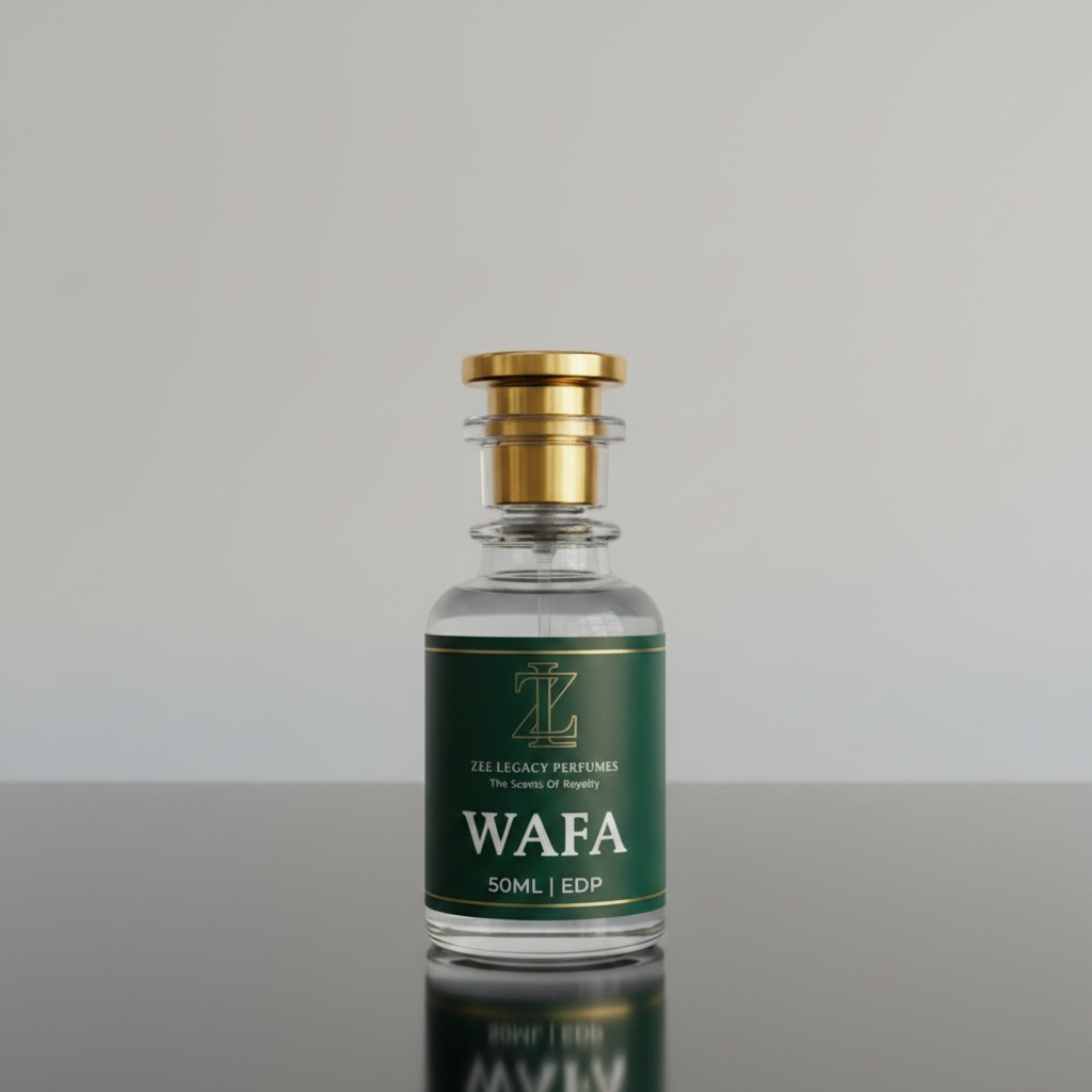 A clear glass perfume bottle with a gold cap and a dark green label reading 'WAFA 50ML | EDP' and 'ZEE LEGACY PERFUMES', placed on a stone surface with a blurred forest background.