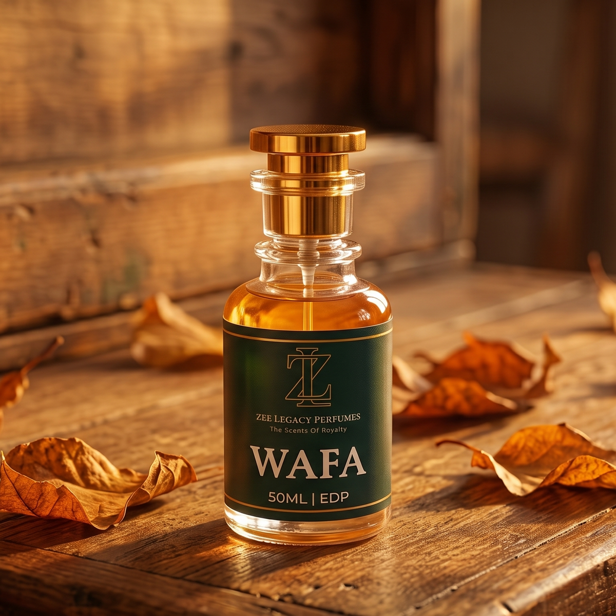 A small glass bottle of fragrance labeled WAFA by ZEREA AGES PERFUMES stands on a rustic wooden surface with scattered dried autumn leaves around it. The bottle contains amber liquid and has a dark green label with gold lettering and a gold cap.