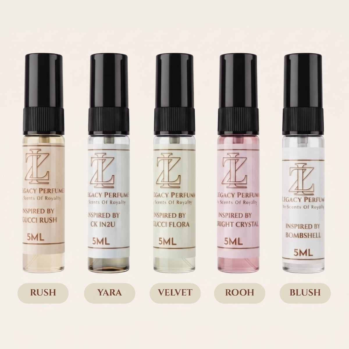 Five small perfume roller bottles labeled Legacy Perfume, inspired by Gucci Rush, Calm Indri, Velvet Flora, Night Crystal, and Bombshell, shown in shades of beige, white, pale green, pink, and clear, with scent names RUSH, YARA, VELVET, ROOH, and BLUSH below on a light beige background.