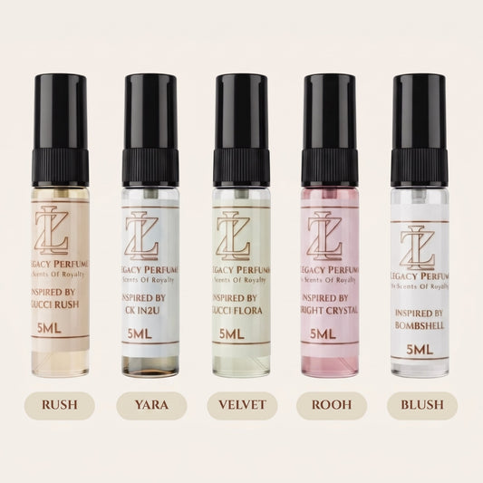 Five small perfume roller bottles labeled Legacy Perfume, inspired by Gucci Rush, Calm Indri, Velvet Flora, Night Crystal, and Bombshell, shown in shades of beige, white, pale green, pink, and clear, with scent names RUSH, YARA, VELVET, ROOH, and BLUSH below on a light beige background.