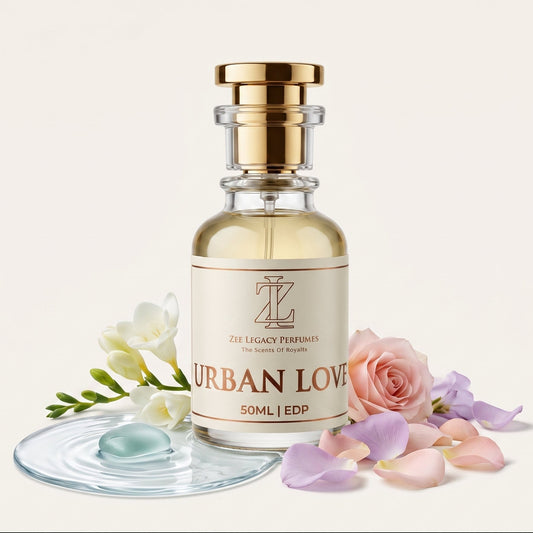 A 50ml bottle of ZZL Legacy Perfumes 'Urban Love' Eau de Parfum, featuring a cream-colored label and a shiny gold cap, styled with white and pink flowers on a light beige background.